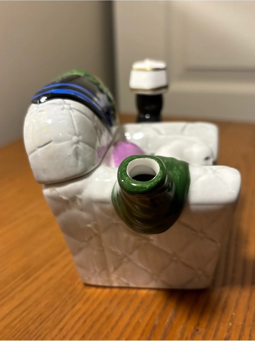 Ceramic Figurine Couch with Sleeping White Cat - White, Green, Purple teapot